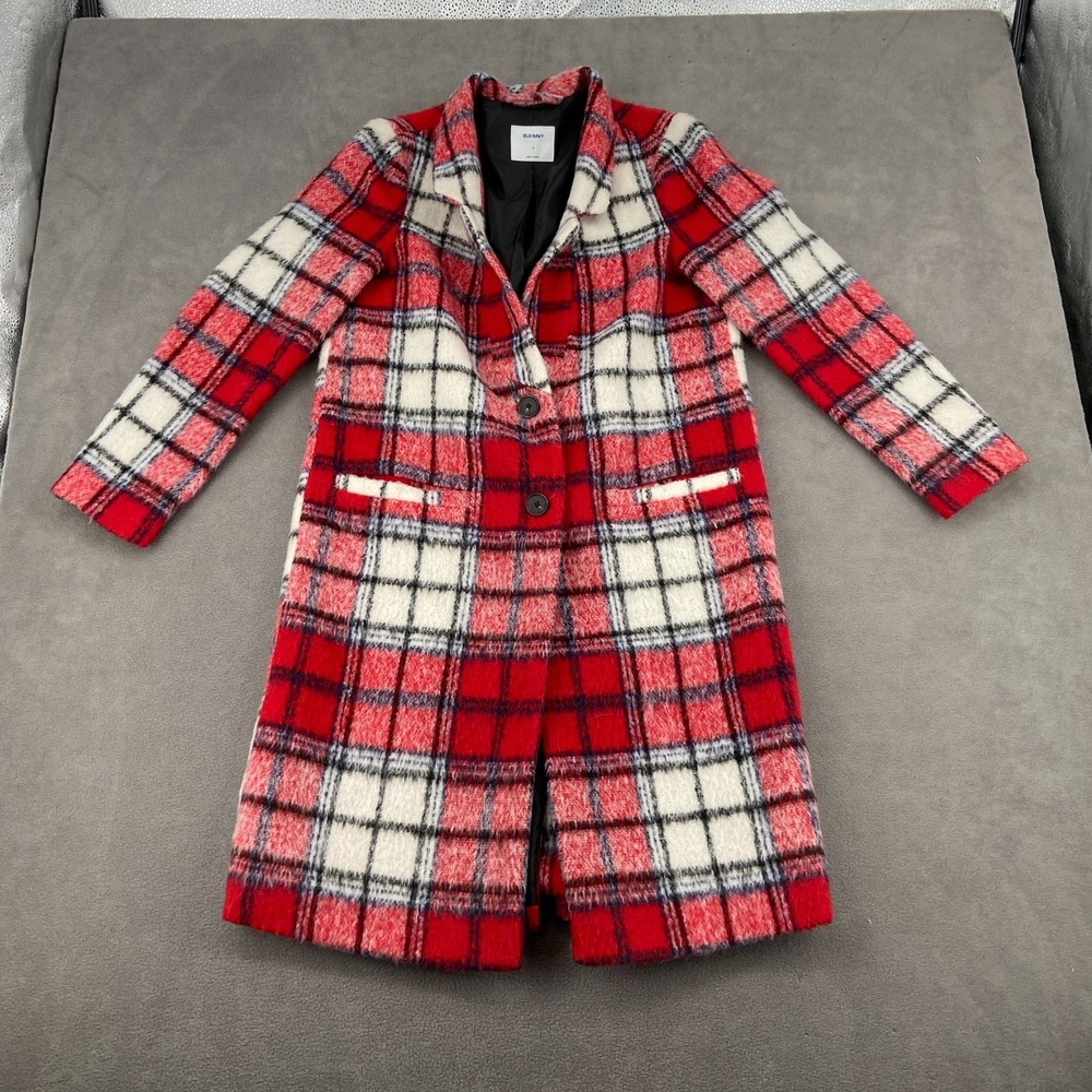 Old Navy Coat Womens Small Multicolor Plaid Wool Blend Lined Single Breasted